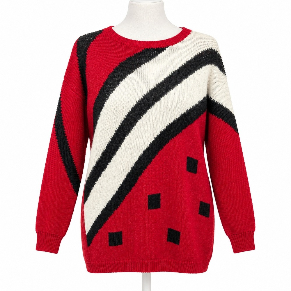 Vintage 80s Angora Wool Geometric Sweater Size S Red Statement Retro Funky Artsy